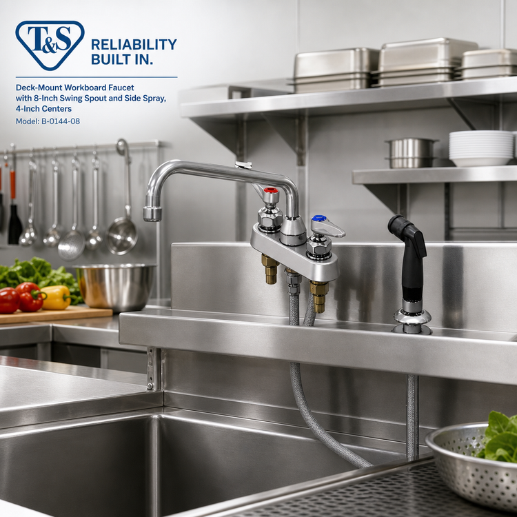 Product image #2 for T&S Brass Deck-Mount Workboard Faucet with 8-Inch Swing Spout and Side Spray, 4-Inch Centers