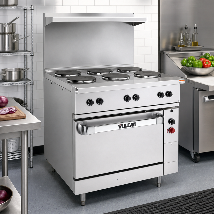 Product image #3 for Vulcan 36-Inch Electric Restaurant Range with 4 French Plates, 12-Inch Hot Top, Standard Oversized Oven, and High Shelf - 480V