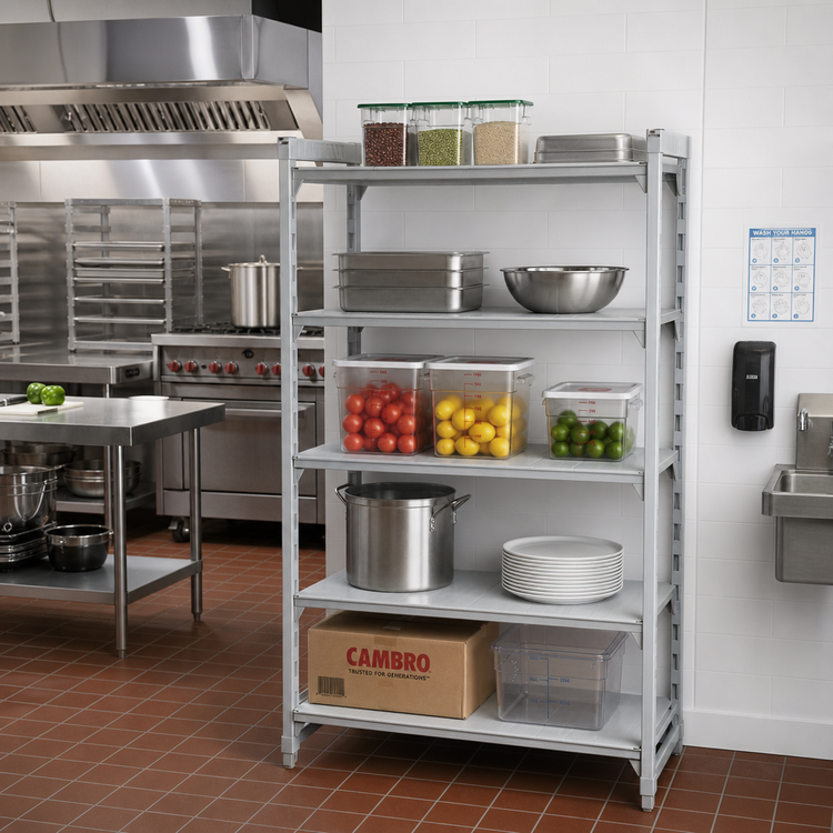 Product image #3 for Cambro Camshelving Premium 5-Shelf Solid Stationary Starter Unit, 21" x 48" x 84", Speckled Gray