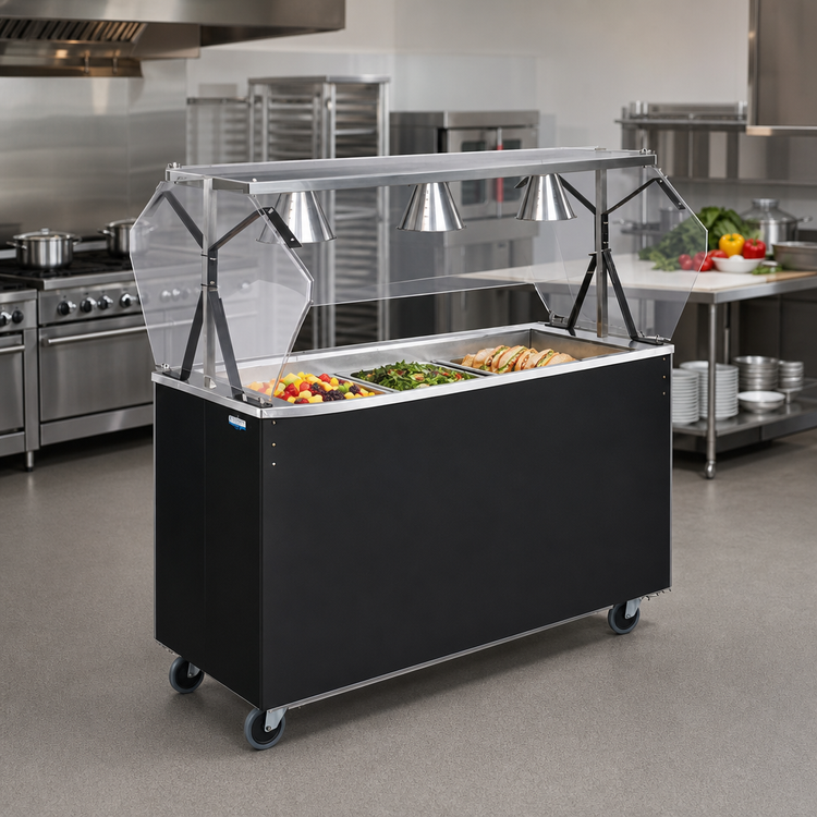 Product image #2 for Vollrath 2-Series Affordable Portable 3-Pan Non-Refrigerated Mobile Cold Food Station with Buffet-Style Acrylic Breath Guard, 46-Inch Black Solid Base