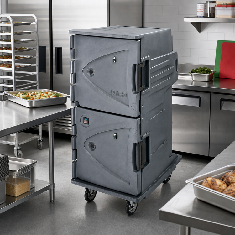 Product image #3 for Cambro Camtherm Tall Profile Electric Hot/Cold Food Holding Cart, Double Door, 12 Sheet Pan Capacity, Granite Gray