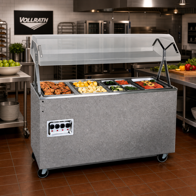 Product image #2 for Vollrath 2-Series Affordable Portable 4-Well Mobile Hot Food Station with Buffet Breath Guard, Enclosed Storage Base, Granite, 120V