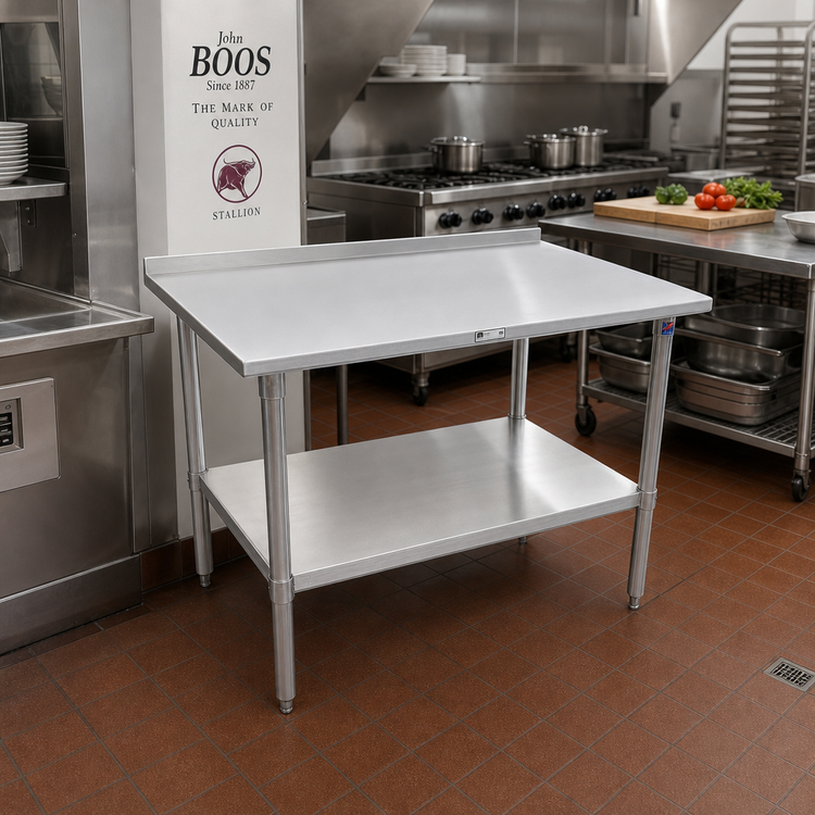 Product image #2 for John Boos Stallion 30" x 30" Corner Work Table with 14-Gauge 300 Series Stainless Steel Top and 1-1/2" Rear Up-Turn