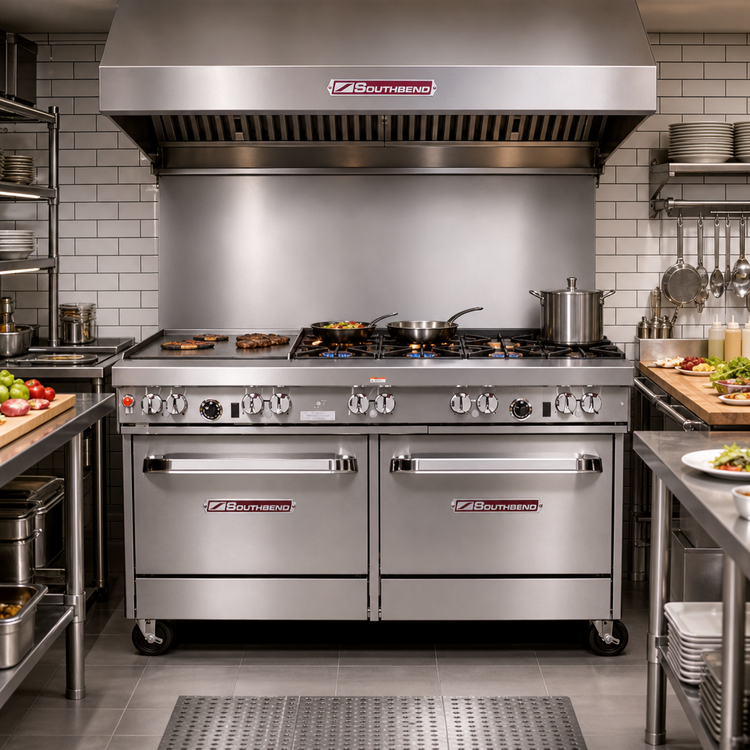 Product image #2 for Southbend Ultimate 60-Inch Commercial Gas Restaurant Range with 3 Star/Saute Burners, 2 Pyromax Burners, 24-Inch Griddle, Standard Oven and Cabinet Base