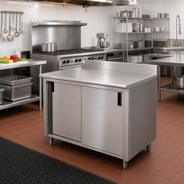 Product image #2 for Enclosed Stainless Steel Work Table with Cabinet Base and Sliding Doors, 48 x 24 Inches, 14-Gauge 304 Top, 5-Inch Backsplash