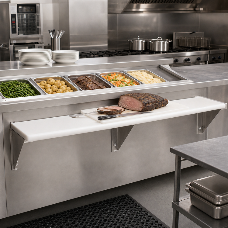Product image #2 for 77-3/4-Inch Stainless Steel Carving Station Shelf with Removable White Poly Cutting Board for 5-Well Hot and Cold Food Units
