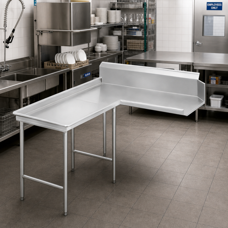 Product image #2 for Advance Tabco Island-Clean L-Shaped Left-Hand Dish Table, 119-Inch, 14-Gauge 304 Stainless Steel