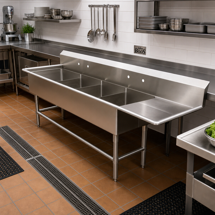 Product image #2 for John Boos Pro-Bowl 4-Compartment Sink with Right Drainboard, 18" x 24" x 12" Bowls, 16-Gauge Stainless Steel