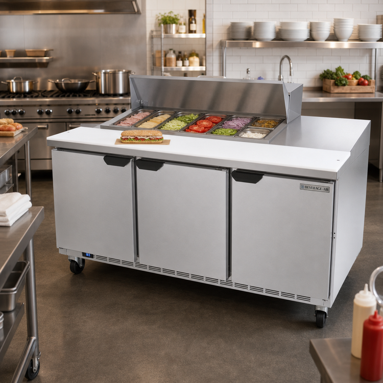 Product image #3 for Beverage-Air 72-Inch Three-Section Sandwich Prep Table Refrigerator with 8-Pan Top and 10-Inch Cutting Board
