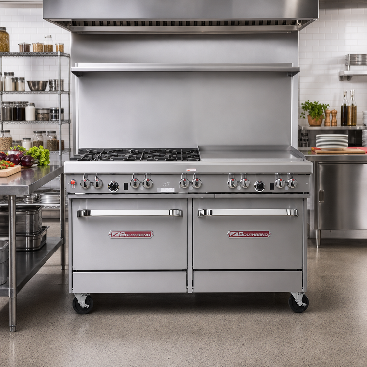 Product image #2 for Southbend Ultimate 60-Inch Commercial Gas Restaurant Range with 4 Star/Sauté Burners, 36-Inch Thermostatic Griddle, and 2 Cabinets