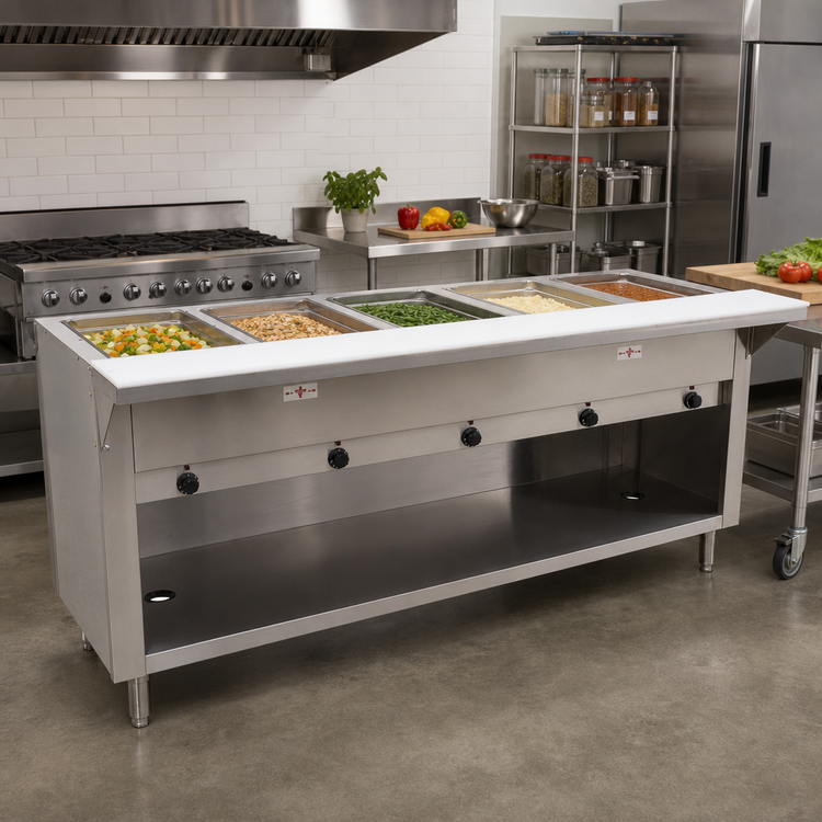 Product image #2 for Advance Tabco Triumph Supreme Electric 5-Well Sealed-Well Hot Food Table with Poly Cutting Board and Open Cabinet Base