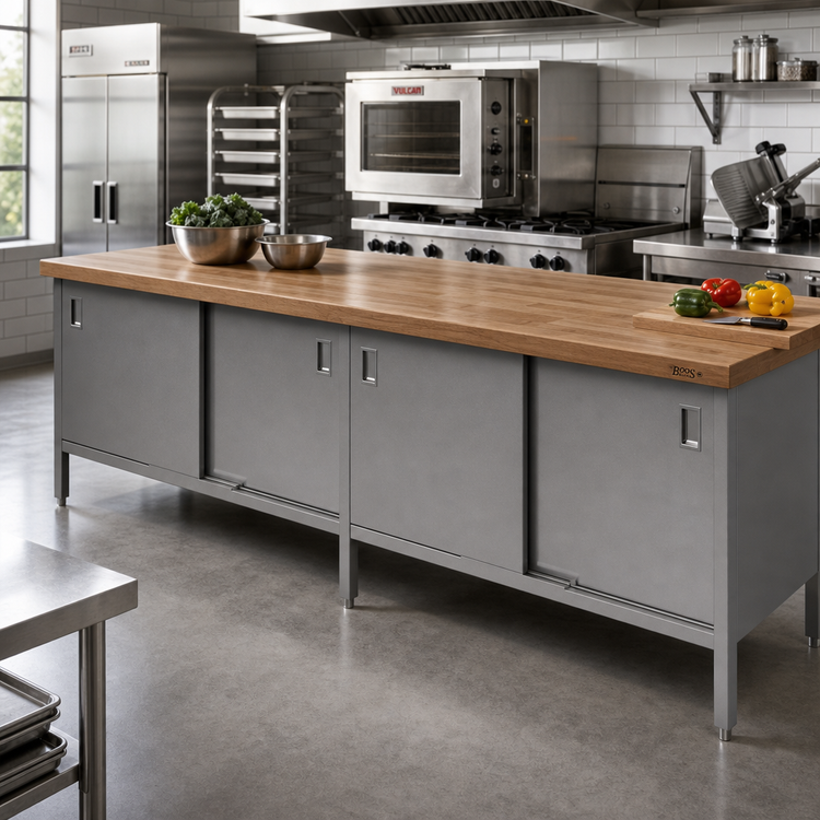 Product image #2 for John Boos EBSW7-30132 Enclosed Base Wood Top Work Table with Sliding Doors, 132 x 30 Inch