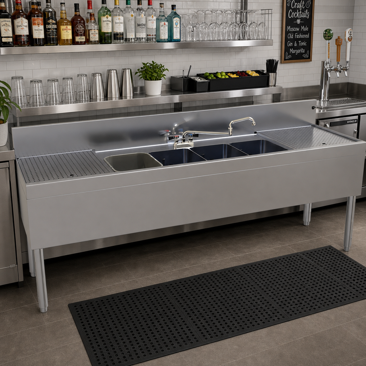 Product image #2 for Glastender Four-Compartment Underbar Sink Unit with Left and Right Drainboards and Deck-Mount Faucet, 84 Inch W x 24 Inch D