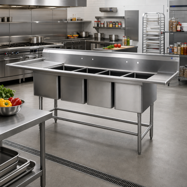 Product image #2 for Spec-Master FN2072-4-30L-14/3 112" 4-Compartment Stainless Steel Commercial Sink with 30" Left Drainboard