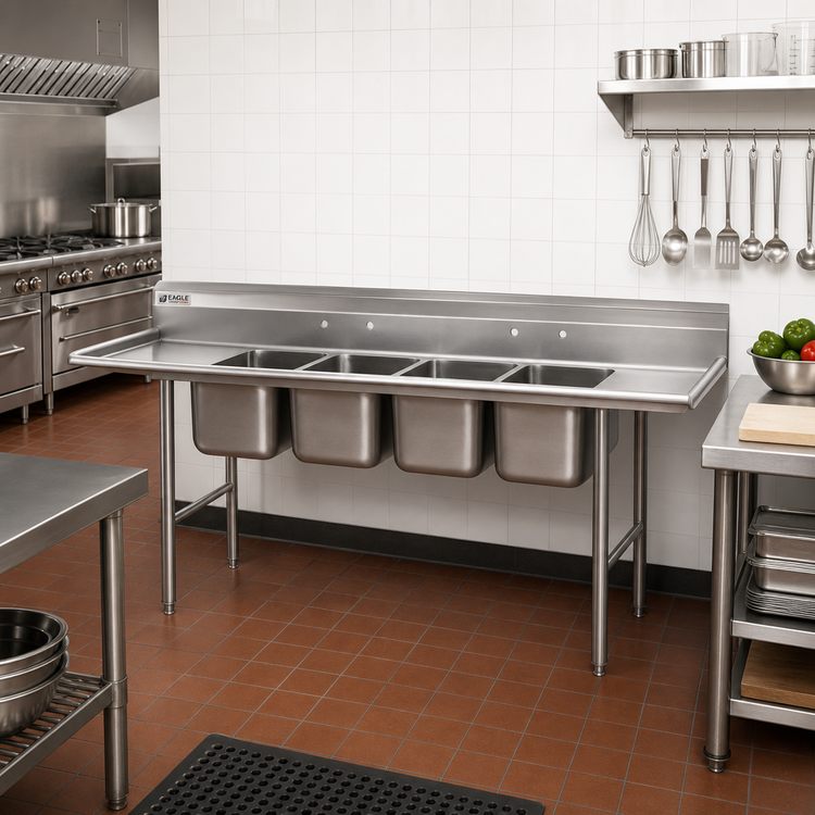 Product image #2 for Eagle Group 314-18-4 4-Compartment Coved Corner Sink, 24 x 18 Inch Bowls, No Drainboards, 304 Stainless Steel