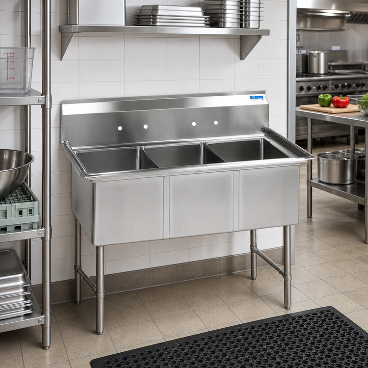 Product image #2 for BK Resources 77-1/8" Three-Compartment 304 Stainless Steel Commercial Sink with 10" Backsplash