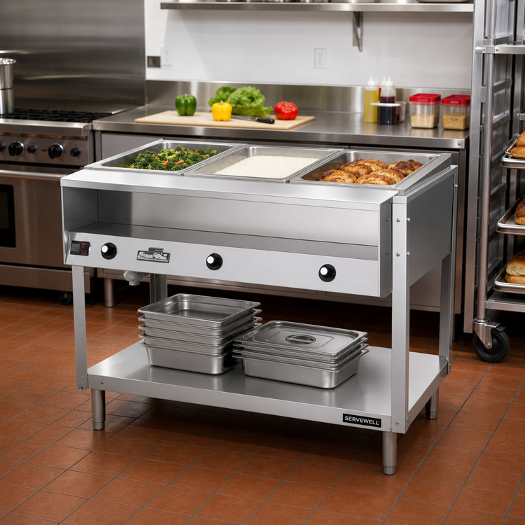 Product image #2 for ServeWell® 3-Well Stainless Steel Hot Food Table with Open Shelf Base, 46 x 32 x 34-Inch, 208-240V