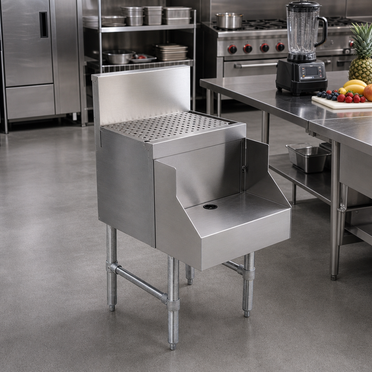 Product image #2 for Advance Tabco Prestige 12-Inch Stainless Steel Blender Station with Drainboard Top, Recessed Shelf, and 7-Inch Backsplash