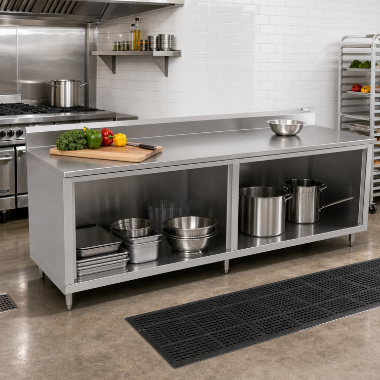 Product image #2 for John Boos Stainless Steel Cabinet Base Work Table with Open Front, 108 x 36 Inches, 14-Gauge Top, 5-Inch Backsplash