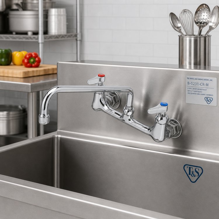 Product image #2 for T&S Brass B-0231-CR-M 8" Wall Mount Mixing Faucet with 12" Swing Nozzle and Quarter-Turn Cerama Cartridges