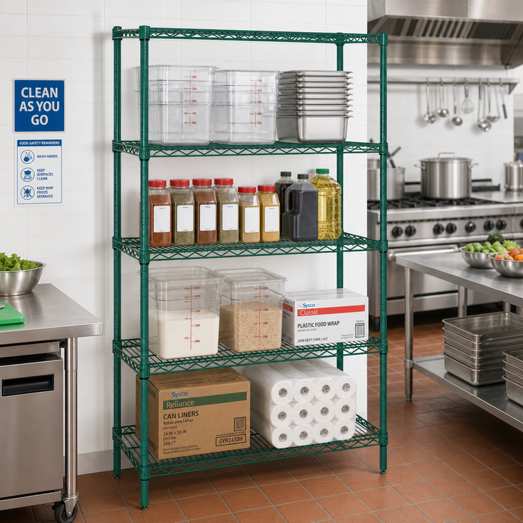 Product image #2 for Quantum 30-Inch Wide x 24-Inch Deep x 74-Inch High Stationary Wire Shelving Starter Kit, Green Epoxy Antimicrobial Finish