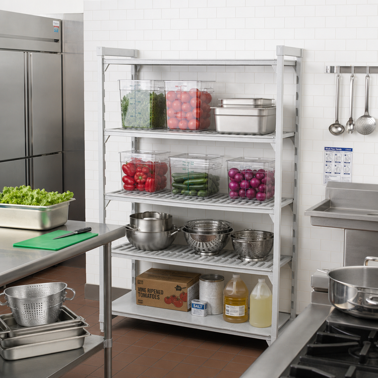 Product image #3 for Cambro Camshelving Premium 4-Shelf Add-On Polymer Shelving Unit, 24 x 42 x 72 Inches, 3 Vented + 1 Solid, Speckled Gray