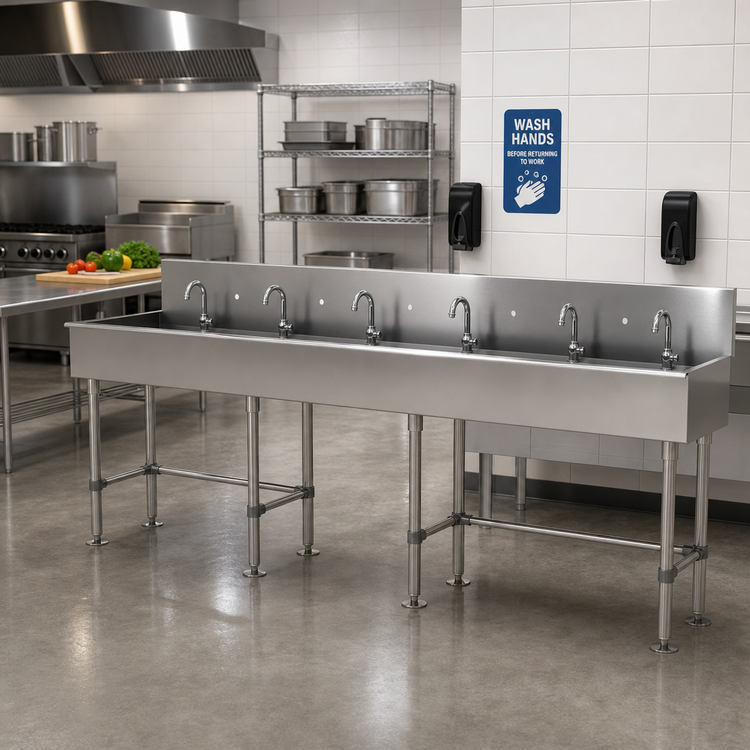 Product image #2 for Advance Tabco 100-Inch 5-Station Freestanding Hand Wash Sink, 16-Gauge 304 Stainless Steel