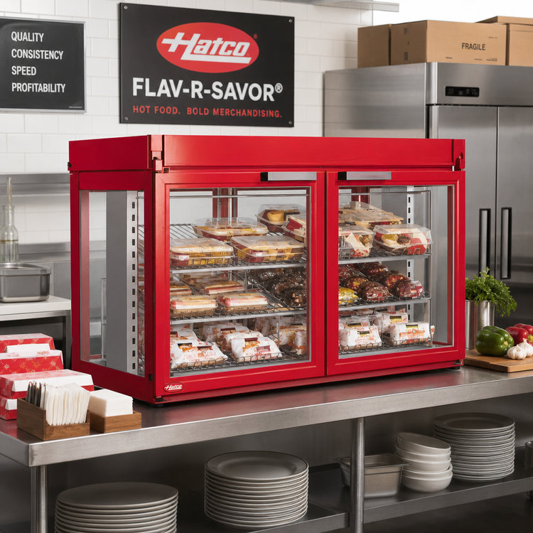 Product image #2 for Hatco Flav-R-Savor® Non-Humidified Countertop Hot Food Merchandising Cabinet, 48.88-Inch Wide, 4 French-Style Glass Doors, 3-Shelf Rack