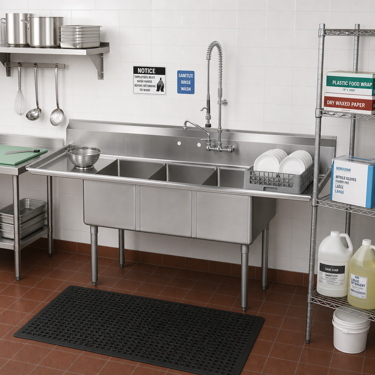 Product image #2 for BK Resources 84-Inch 3-Compartment Stainless Steel Sink with Left & Right Drainboards