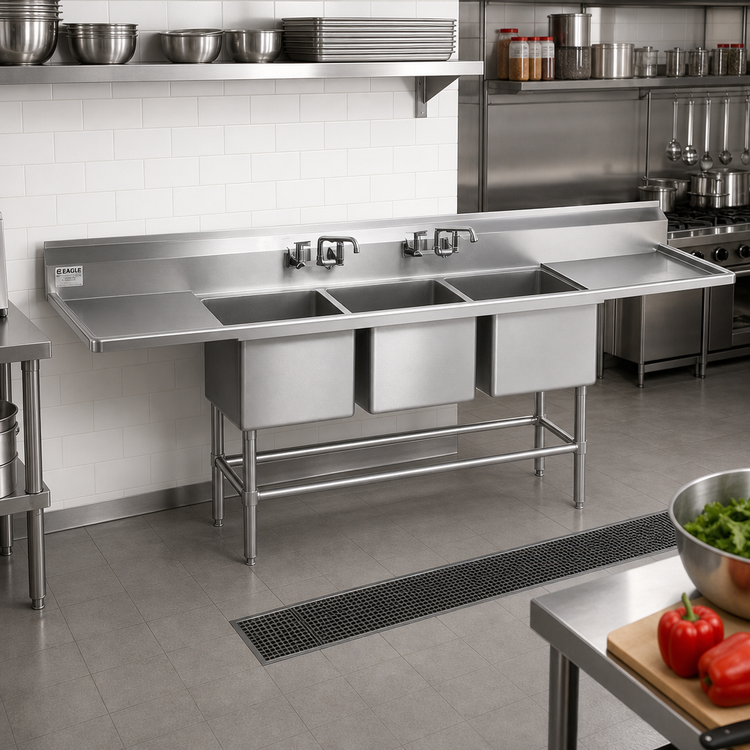 Product image #2 for Eagle Group Spec-Master FN Series 138" Three Compartment Stainless Steel Sink with Left & Right 36" Drainboards
