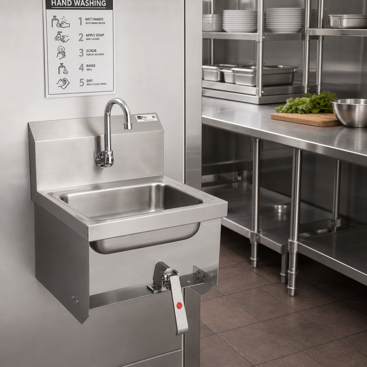 Product image #2 for John Boos Pro-Bowl Wall-Mounted Stainless Steel Hand Sink with Single Knee Valve and Gooseneck Spout, 14 x 10 x 5 Inch Bowl