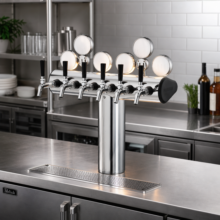 Product image #2 for Perlick Illuminated Winged Tee 6-Faucet Glycol-Cooled Countertop Draft Tower, Stainless Steel