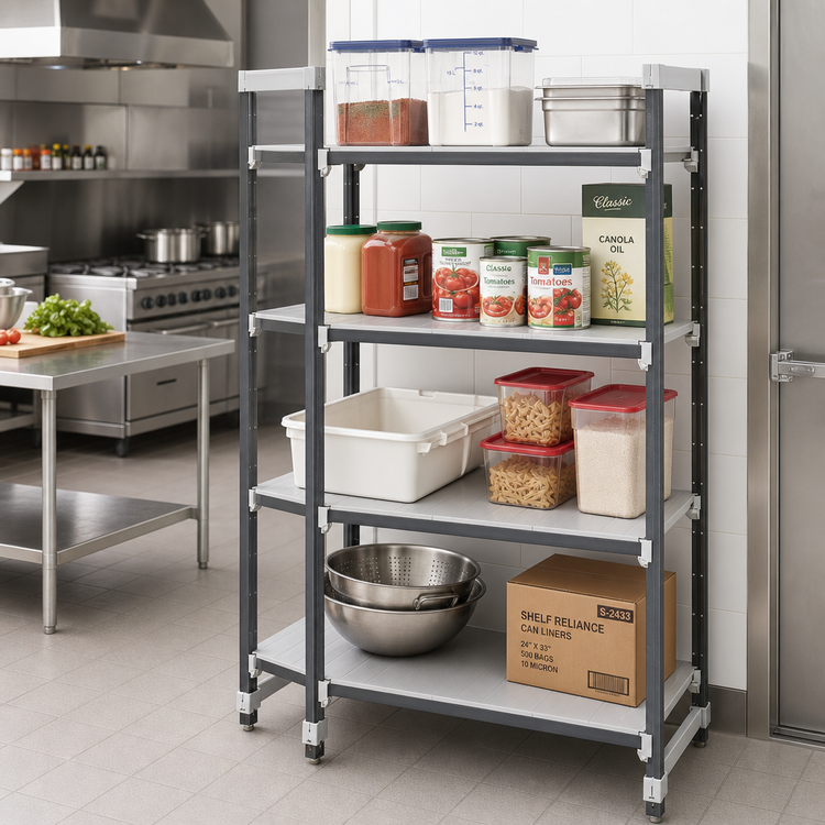 Product image #2 for Cambro Camshelving Elements XTRA 4-Tier Solid Stationary Starter Polymer Shelving Unit, 21 x 54 x 72 Inches, Speckled Gray