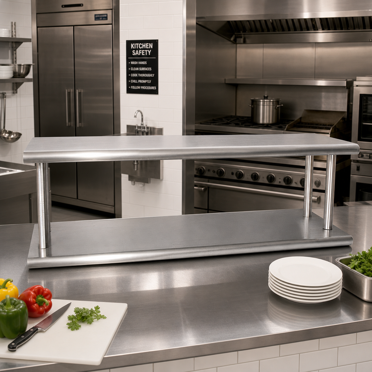 Product image #2 for BK Resources Double-Tier Pass-Through Shelf, 120 x 18 Inches, T-304 Stainless Steel