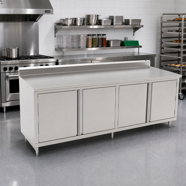 Product image #2 for Stainless Steel Enclosed Work Table with Cabinet Base, Hinged Doors, and 5-Inch Backsplash, 96 x 24 Inches