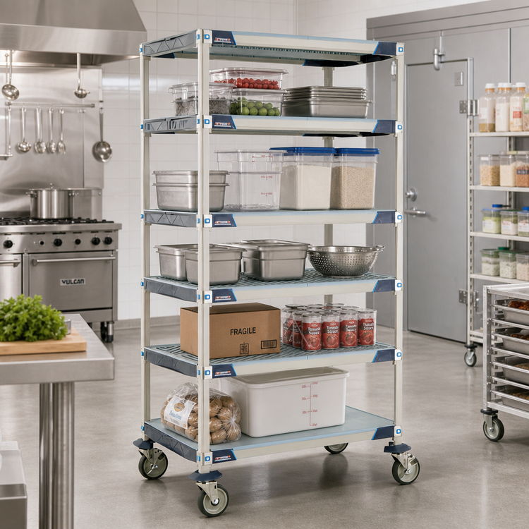 Product image #2 for MetroMax i 5-Shelf Mobile Polymer Shelving Unit, 36"W x 24"D x 80"H, Open Grid Shelves with Solid Bottom Shelf, Stem Casters
