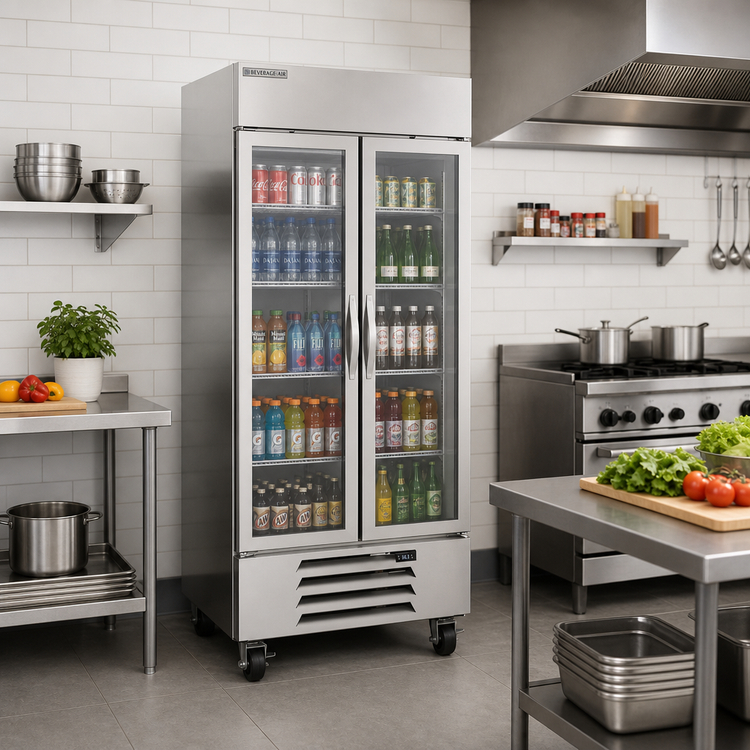 Product image #3 for Beverage-Air Horizon Series Two-Section Reach-In Glass Door Refrigerator, 35.08 Cu. Ft., Bottom-Mounted Self-Contained