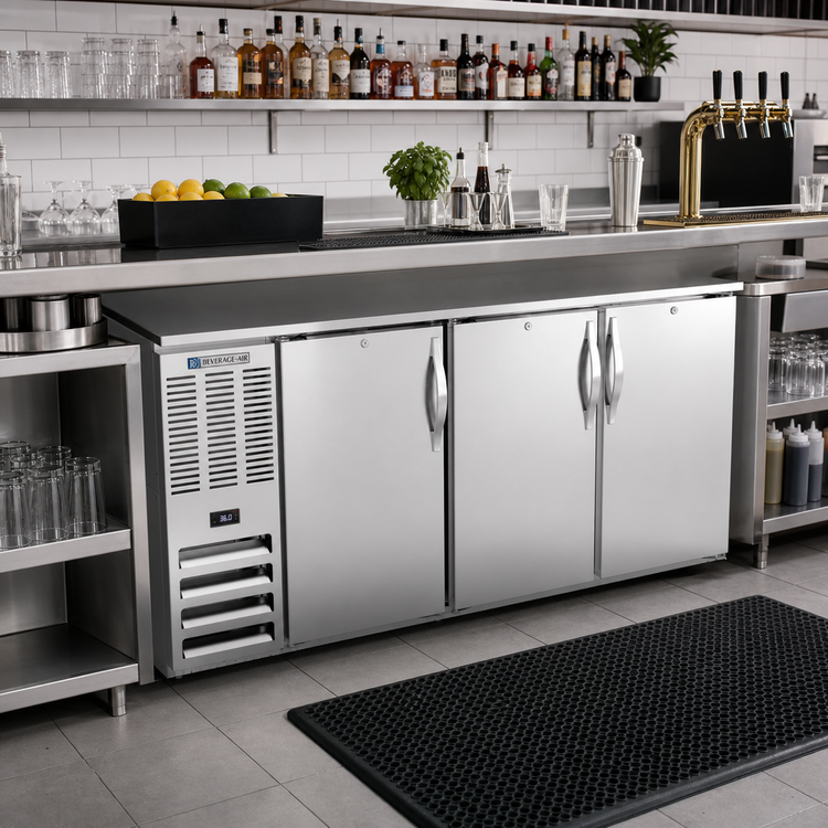 Product image #2 for Beverage-Air 72-Inch Three-Section Food-Rated Back Bar Refrigerator with 3 Solid Doors, Stainless Steel