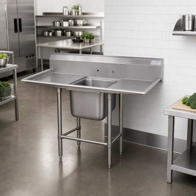 Product image #2 for Advance Tabco Regaline 92-Inch 1-Compartment 14-Gauge 304 Stainless Steel Sink with Left and Right Drainboards