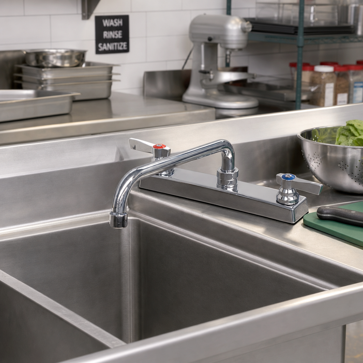 Product image #2 for Advance Tabco K-128 Heavy Duty Deck Mounted Manual Faucet with 12 Inch Swing Spout, 8 Inch O.C., Lead Free