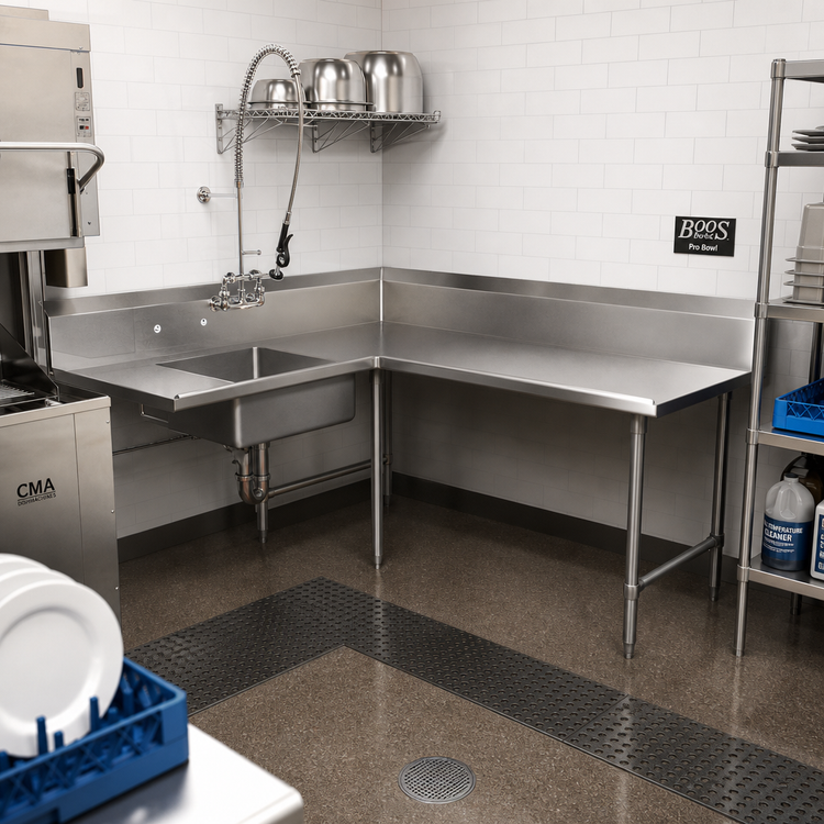 Product image #2 for John Boos Pro-Bowl L-Shaped Corner Soiled Dishtable, 60" Machine-to-Corner x 108" Corner-to-End, Right-to-Left, 1 Pre-Rinse Bowl, Stainless Steel
