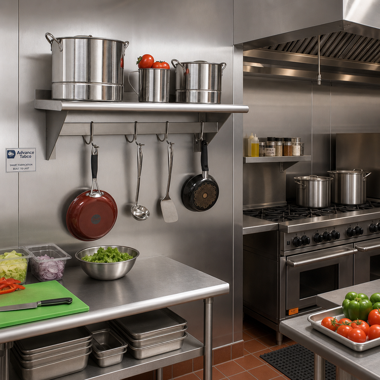 Product image #2 for Advance Tabco Wall-Mounted Stainless Steel Shelf with Pot Rack, 48 Inch W x 18 Inch D