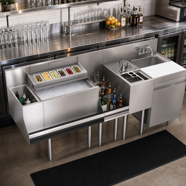 Product image #2 for Krowne Royal Series 74-Inch Stainless Steel Underbar Workstation with Elixir Well, Ice Bin, Liquor, Tool Caddy, and Dump Sink