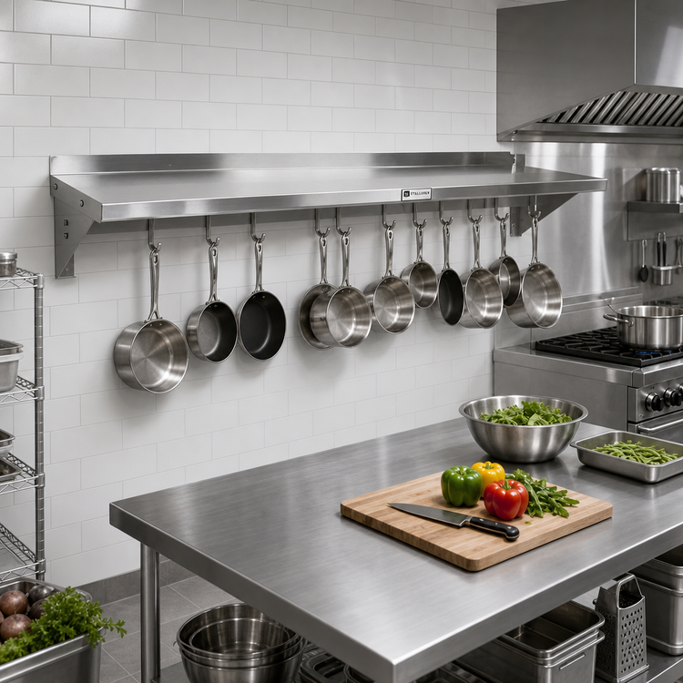 Product image #2 for Stallion Wall-Mount 304 Stainless Steel Pot Rack Shelf with 10 Hooks, 120 x 18 Inches