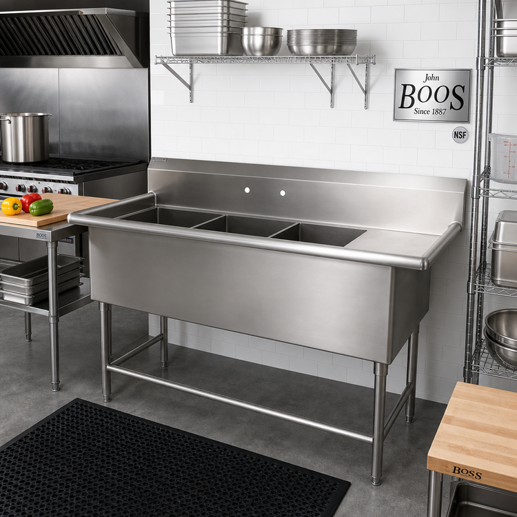 Product image #2 for John Boos Pro-Bowl 3-Compartment Floor Model Sink with Right Drainboard, 30 x 24 x 12 Inch Bowls