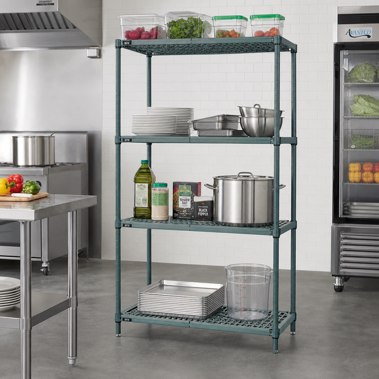 Product image #2 for Quantum 4-Tier Stationary Wire Shelving Unit with Plastic Mats, 30 x 14 x 63 Inch, Green Epoxy Coated