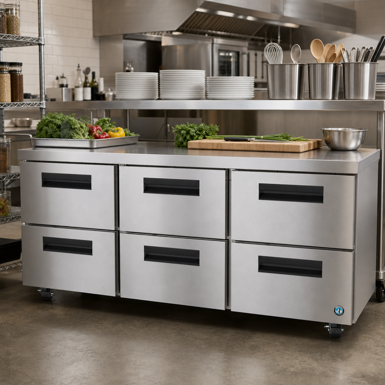 Product image #2 for Hoshizaki Steelheart 72-Inch Three-Section Undercounter Refrigerator with 6 Drawers