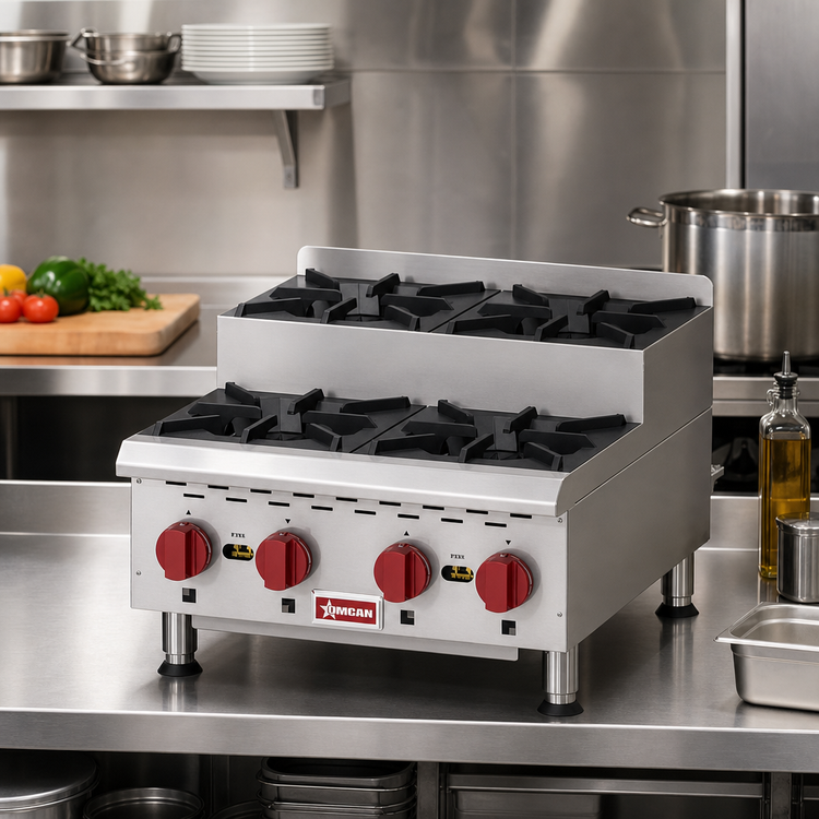 Product image #2 for Omcan USA Countertop Natural Gas Commercial Hot Plate with 2 Open Burners and 2 Step-Up Burners, 26.7 Inches Wide