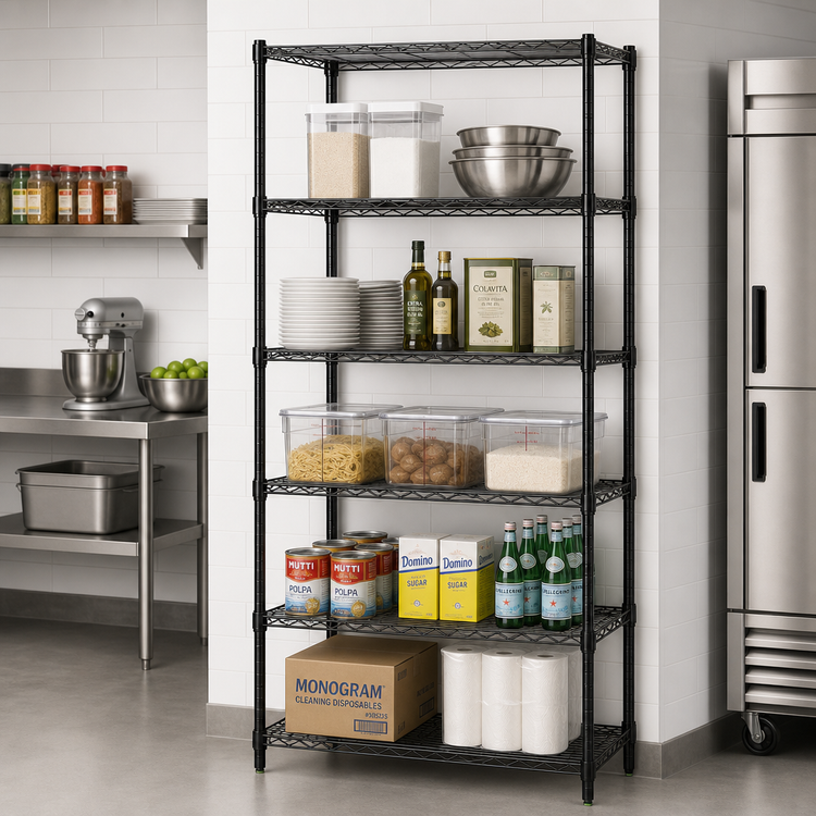 Product image #2 for Quantum 42-Inch W x 14-Inch D x 86-Inch H Wire Shelving Starter Kit, 5 Shelves, Black Epoxy Antimicrobial Finish