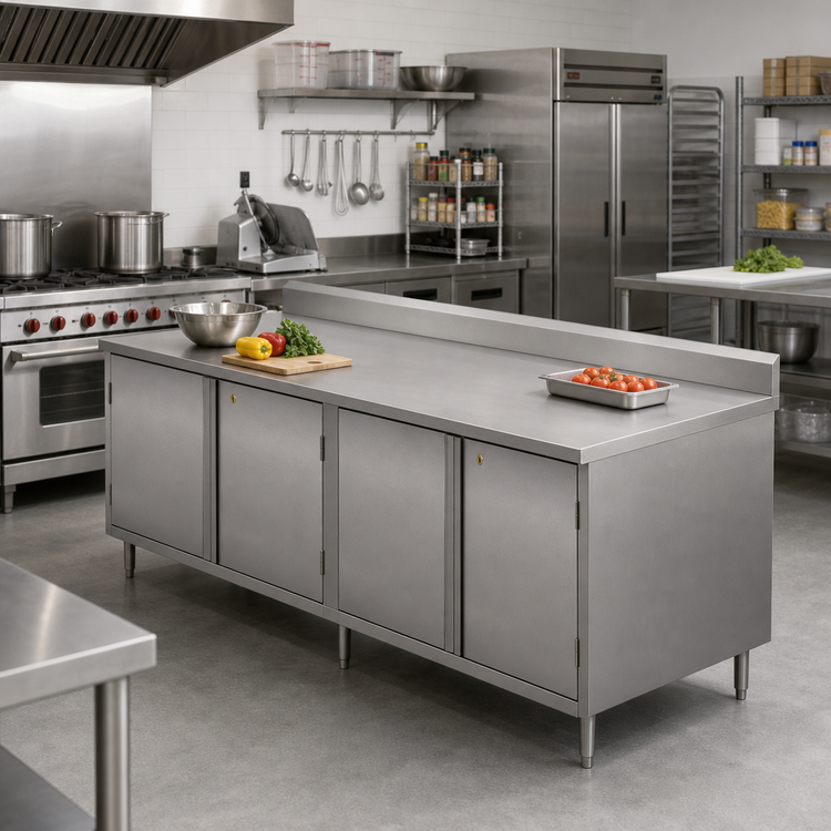 Product image #2 for BK Resources Chef Table with Cabinet Base, Hinged Doors and Locks, 120 x 30 Inch, 304 Stainless Steel, 5 Inch Back Riser